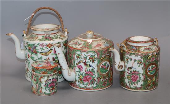 Three Cantonese teapots and a lidded pot